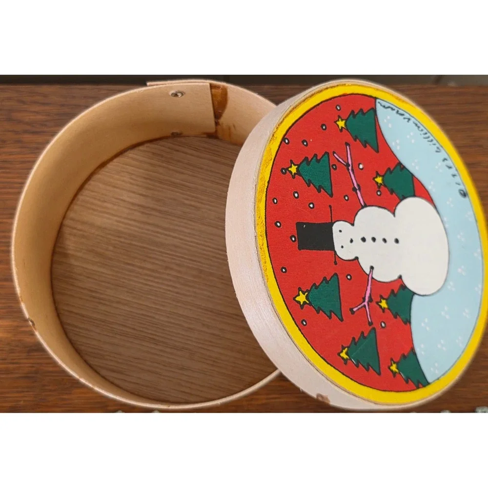 CLEARANCE 💲6️⃣‎ 1983 Lillian Vernon Hand Painted Snowman Tree Wood Box Round